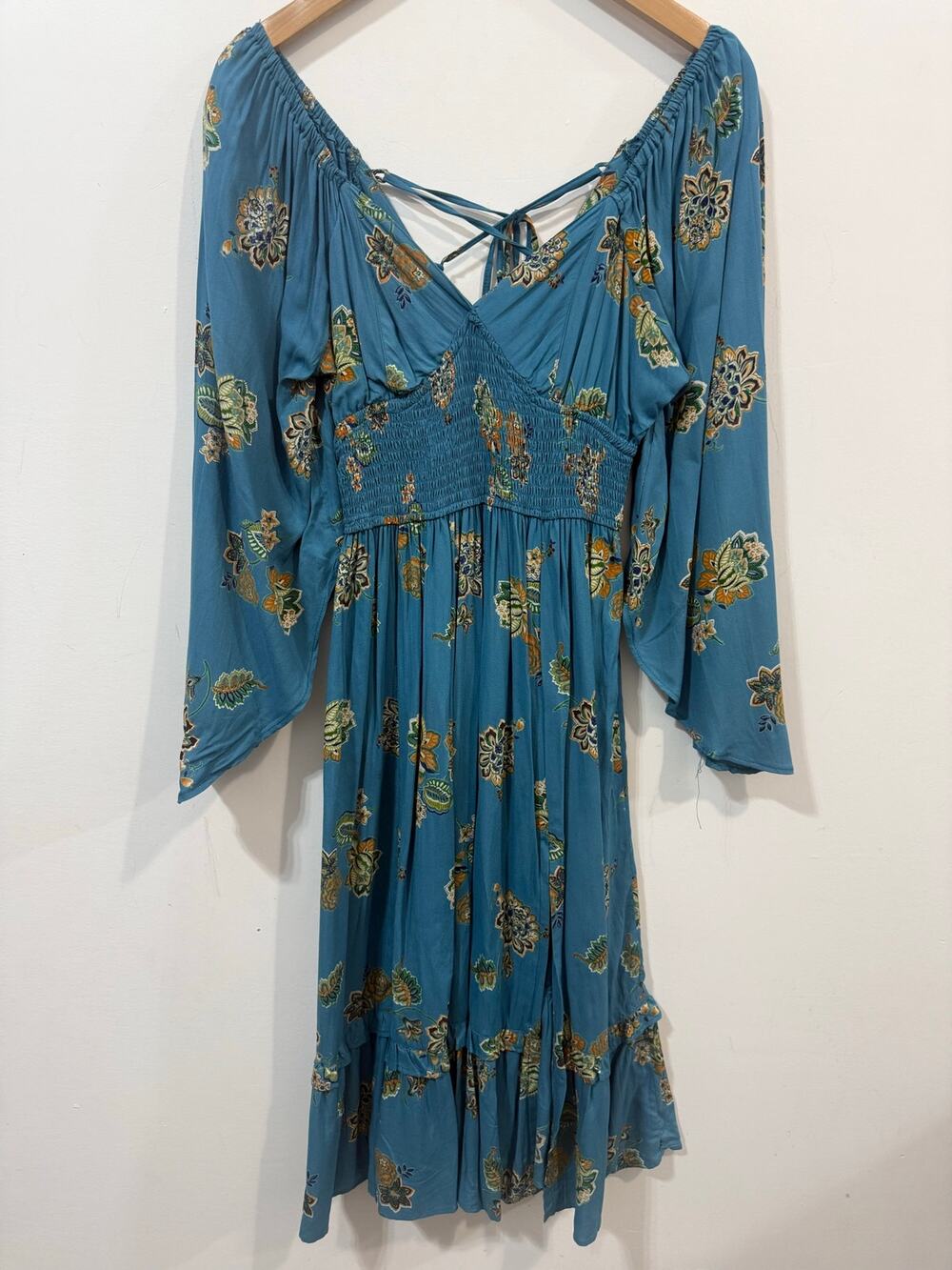 Angie Floral Smocked Side Slit Boho Western Summer Midi Dress Size M